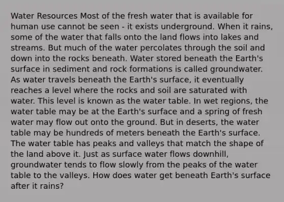 Water Resources Most of the fresh water that is available for human use cannot be seen - it exists underground. When it rains, some of the water that falls onto the land flows into lakes and streams. But much of the water percolates through the soil and down into the rocks beneath. Water stored beneath the Earth's surface in sediment and rock formations is called groundwater. As water travels beneath the Earth's surface, it eventually reaches a level where the rocks and soil are saturated with water. This level is known as the water table. In wet regions, the water table may be at the Earth's surface and a spring of fresh water may flow out onto the ground. But in deserts, the water table may be hundreds of meters beneath the Earth's surface. The water table has peaks and valleys that match the shape of the land above it. Just as surface water flows downhill, groundwater tends to flow slowly from the peaks of the water table to the valleys. How does water get beneath Earth's surface after it rains?