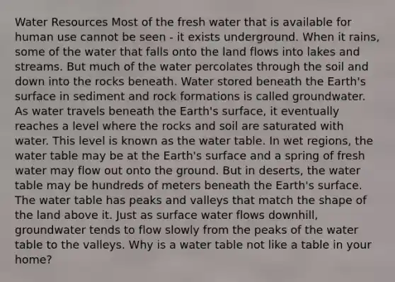 Water Resources Most of the fresh water that is available for human use cannot be seen - it exists underground. When it rains, some of the water that falls onto the land flows into lakes and streams. But much of the water percolates through the soil and down into the rocks beneath. Water stored beneath the Earth's surface in sediment and rock formations is called groundwater. As water travels beneath the Earth's surface, it eventually reaches a level where the rocks and soil are saturated with water. This level is known as the water table. In wet regions, the water table may be at the Earth's surface and a spring of fresh water may flow out onto the ground. But in deserts, the water table may be hundreds of meters beneath the Earth's surface. The water table has peaks and valleys that match the shape of the land above it. Just as surface water flows downhill, groundwater tends to flow slowly from the peaks of the water table to the valleys. Why is a water table not like a table in your home?