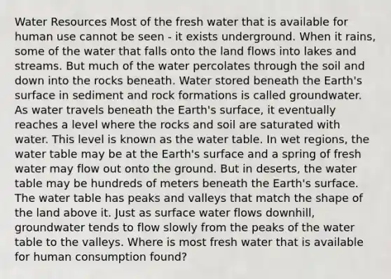 Water Resources Most of the fresh water that is available for human use cannot be seen - it exists underground. When it rains, some of the water that falls onto the land flows into lakes and streams. But much of the water percolates through the soil and down into the rocks beneath. Water stored beneath the Earth's surface in sediment and rock formations is called groundwater. As water travels beneath the Earth's surface, it eventually reaches a level where the rocks and soil are saturated with water. This level is known as the water table. In wet regions, the water table may be at the Earth's surface and a spring of fresh water may flow out onto the ground. But in deserts, the water table may be hundreds of meters beneath the Earth's surface. The water table has peaks and valleys that match the shape of the land above it. Just as surface water flows downhill, groundwater tends to flow slowly from the peaks of the water table to the valleys. Where is most fresh water that is available for human consumption found?