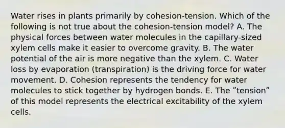 Water rises in plants primarily by cohesion-tension. Which of the following is not true about the cohesion-tension model? A. The physical forces between water molecules in the capillary-sized xylem cells make it easier to overcome gravity. B. The water potential of the air is more negative than the xylem. C. Water loss by evaporation (transpiration) is the driving force for water movement. D. Cohesion represents the tendency for water molecules to stick together by hydrogen bonds. E. The ʺtensionʺ of this model represents the electrical excitability of the xylem cells.