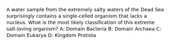 A water sample from the extremely salty waters of the Dead Sea surprisingly contains a single-celled organism that lacks a nucleus. What is the most likely classification of this extreme salt-loving organism? A: Domain Bacteria B: Domain Archaea C: Domain Eukarya D: Kingdom Protista