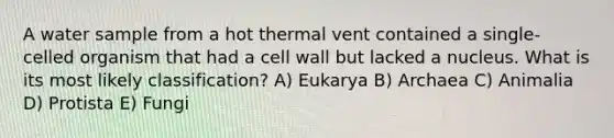 A water sample from a hot thermal vent contained a single-celled organism that had a cell wall but lacked a nucleus. What is its most likely classification? A) Eukarya B) Archaea C) Animalia D) Protista E) Fungi