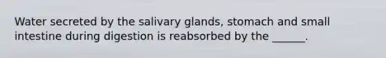 Water secreted by the salivary glands, stomach and small intestine during digestion is reabsorbed by the ______.
