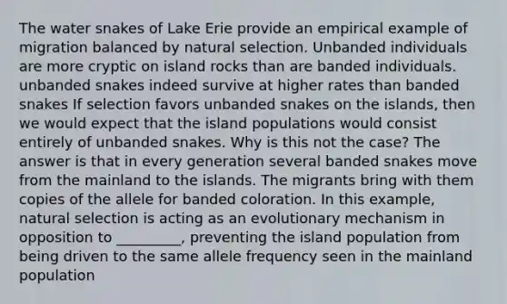 The water snakes of Lake Erie provide an empirical example of migration balanced by natural selection. Unbanded individuals are more cryptic on island rocks than are banded individuals. unbanded snakes indeed survive at higher rates than banded snakes If selection favors unbanded snakes on the islands, then we would expect that the island populations would consist entirely of unbanded snakes. Why is this not the case? The answer is that in every generation several banded snakes move from the mainland to the islands. The migrants bring with them copies of the allele for banded coloration. In this example, natural selection is acting as an evolutionary mechanism in opposition to _________, preventing the island population from being driven to the same allele frequency seen in the mainland population