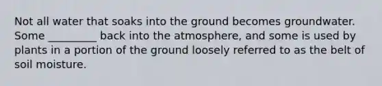 Not all water that soaks into the ground becomes groundwater. Some _________ back into the atmosphere, and some is used by plants in a portion of the ground loosely referred to as the belt of soil moisture.