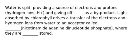 Water is split, providing a source of electrons and protons (hydrogen ions, H+) and giving off _____ as a by-product. Light absorbed by chlorophyll drives a transfer of the electrons and hydrogen ions from water to an acceptor called ________(nicotinamide adenine dinucleotide phosphate), where they are ________ stored.