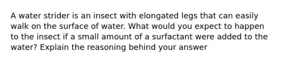 A water strider is an insect with elongated legs that can easily walk on the surface of water. What would you expect to happen to the insect if a small amount of a surfactant were added to the water? Explain the reasoning behind your answer