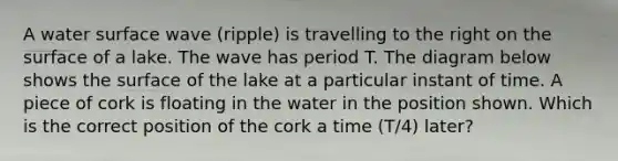 A water surface wave (ripple) is travelling to the right on the surface of a lake. The wave has period T. The diagram below shows the surface of the lake at a particular instant of time. A piece of cork is floating in the water in the position shown. Which is the correct position of the cork a time (T/4) later?