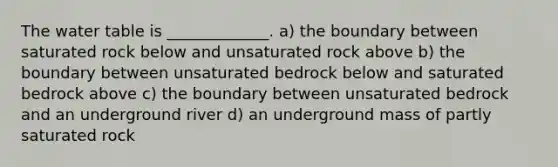 <a href='https://www.questionai.com/knowledge/kra6qgcwqy-the-water-table' class='anchor-knowledge'>the water table</a> is _____________. a) the boundary between saturated rock below and unsaturated rock above b) the boundary between unsaturated bedrock below and saturated bedrock above c) the boundary between unsaturated bedrock and an underground river d) an underground mass of partly saturated rock