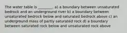 The water table is ________. a) a boundary between unsaturated bedrock and an underground river b) a boundary between unsaturated bedrock below and saturated bedrock above c) an underground mass of partly saturated rock d) a boundary between saturated rock below and unsaturated rock above