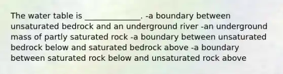 The water table is ______________. -a boundary between unsaturated bedrock and an underground river -an underground mass of partly saturated rock -a boundary between unsaturated bedrock below and saturated bedrock above -a boundary between saturated rock below and unsaturated rock above