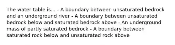 The water table is... - A boundary between unsaturated bedrock and an underground river - A boundary between unsaturated bedrock below and saturated bedrock above - An underground mass of partly saturated bedrock - A boundary between saturated rock below and unsaturated rock above