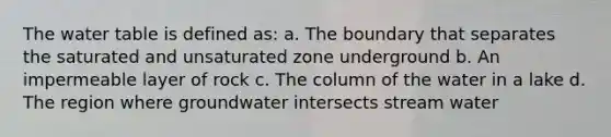 The water table is defined as: a. The boundary that separates the saturated and unsaturated zone underground b. An impermeable layer of rock c. The column of the water in a lake d. The region where groundwater intersects stream water