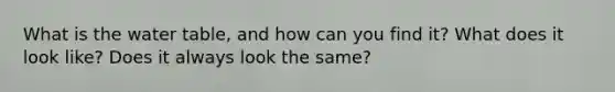 What is the water table, and how can you find it? What does it look like? Does it always look the same?