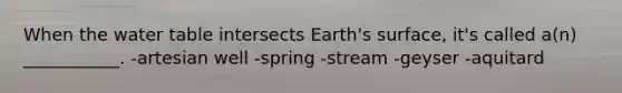 When <a href='https://www.questionai.com/knowledge/kra6qgcwqy-the-water-table' class='anchor-knowledge'>the water table</a> intersects Earth's surface, it's called a(n) ___________. -artesian well -spring -stream -geyser -aquitard