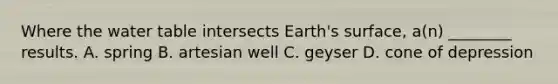 Where <a href='https://www.questionai.com/knowledge/kra6qgcwqy-the-water-table' class='anchor-knowledge'>the water table</a> intersects Earth's surface, a(n) ________ results. A. spring B. artesian well C. geyser D. cone of depression