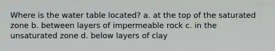 Where is <a href='https://www.questionai.com/knowledge/kra6qgcwqy-the-water-table' class='anchor-knowledge'>the water table</a> located? a. at the top of the saturated zone b. between layers of impermeable rock c. in the unsaturated zone d. below layers of clay