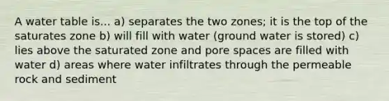 A water table is... a) separates the two zones; it is the top of the saturates zone b) will fill with water (ground water is stored) c) lies above the saturated zone and pore spaces are filled with water d) areas where water infiltrates through the permeable rock and sediment