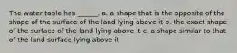 The water table has ______. a. a shape that is the opposite of the shape of the surface of the land lying above it b. the exact shape of the surface of the land lying above it c. a shape similar to that of the land surface lying above it