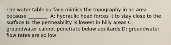 The water table surface mimics the topography in an area because ________. A: hydraulic head forces it to stay close to the surface B: the permeability is lowest in hilly areas C: groundwater cannot penetrate below aquitards D: groundwater flow rates are so low