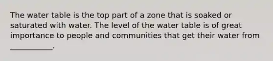 The water table is the top part of a zone that is soaked or saturated with water. The level of the water table is of great importance to people and communities that get their water from ___________.