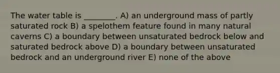 <a href='https://www.questionai.com/knowledge/kra6qgcwqy-the-water-table' class='anchor-knowledge'>the water table</a> is ________. A) an underground mass of partly saturated rock B) a spelothem feature found in many natural caverns C) a boundary between unsaturated bedrock below and saturated bedrock above D) a boundary between unsaturated bedrock and an underground river E) none of the above