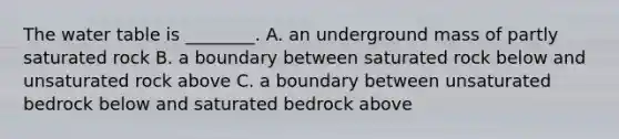 The water table is ________. A. an underground mass of partly saturated rock B. a boundary between saturated rock below and unsaturated rock above C. a boundary between unsaturated bedrock below and saturated bedrock above