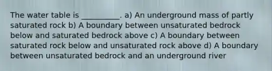 The water table is __________. a) An underground mass of partly saturated rock b) A boundary between unsaturated bedrock below and saturated bedrock above c) A boundary between saturated rock below and unsaturated rock above d) A boundary between unsaturated bedrock and an underground river