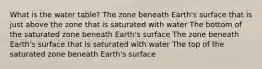 What is the water table? The zone beneath Earth's surface that is just above the zone that is saturated with water The bottom of the saturated zone beneath Earth's surface The zone beneath Earth's surface that is saturated with water The top of the saturated zone beneath Earth's surface