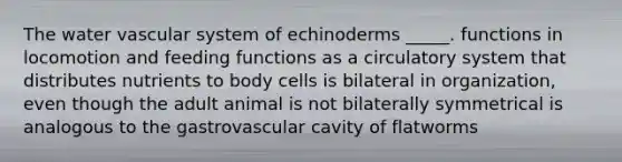 The water vascular system of echinoderms _____. functions in locomotion and feeding functions as a circulatory system that distributes nutrients to body cells is bilateral in organization, even though the adult animal is not bilaterally symmetrical is analogous to the gastrovascular cavity of flatworms