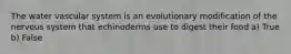 The water vascular system is an evolutionary modification of the nervous system that echinoderms use to digest their food a) True b) False