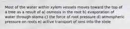 Most of the water within xylem vessels moves toward the top of a tree as a result of a) osmosis in the root b) evaporation of water through stoma c) the force of root pressure d) atmospheric pressure on roots e) active transport of ions into the stele