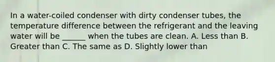 In a water-coiled condenser with dirty condenser tubes, the temperature difference between the refrigerant and the leaving water will be ______ when the tubes are clean. A. Less than B. Greater than C. The same as D. Slightly lower than