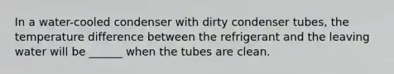 In a water-cooled condenser with dirty condenser tubes, the temperature difference between the refrigerant and the leaving water will be ______ when the tubes are clean.