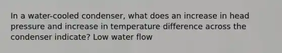 In a water-cooled condenser, what does an increase in head pressure and increase in temperature difference across the condenser indicate? Low water flow