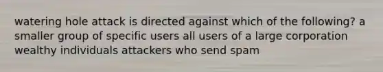 watering hole attack is directed against which of the following? a smaller group of specific users all users of a large corporation wealthy individuals attackers who send spam