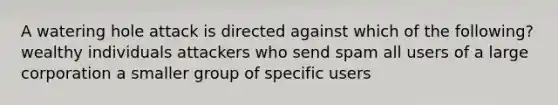 A watering hole attack is directed against which of the following? wealthy individuals attackers who send spam all users of a large corporation a smaller group of specific users