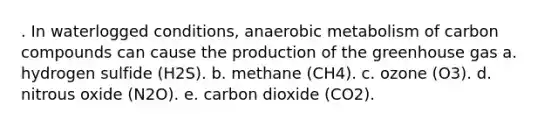 . In waterlogged conditions, anaerobic metabolism of carbon compounds can cause the production of the greenhouse gas a. hydrogen sulfide (H2S). b. methane (CH4). c. ozone (O3). d. nitrous oxide (N2O). e. carbon dioxide (CO2).