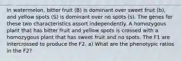 In watermelon, bitter fruit (B) is dominant over sweet fruit (b), and yellow spots (S) is dominant over no spots (s). The genes for these two characteristics assort independently. A homozygous plant that has bitter fruit and yellow spots is crossed with a homozygous plant that has sweet fruit and no spots. The F1 are intercrossed to produce the F2. a) What are the phenotypic ratios in the F2?