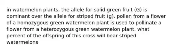 in watermelon plants, the allele for solid green fruit (G) is dominant over the allele for striped fruit (g). pollen from a flower of a homozygous green watermelon plant is used to pollinate a flower from a heterozygous green watermelon plant. what percent of the offspring of this cross will bear striped watermelons