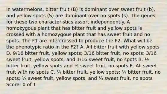 In watermelons, bitter fruit (B) is dominant over sweet fruit (b), and yellow spots (S) are dominant over no spots (s). The genes for these two characteristics assort independently. A homozygous plant that has bitter fruit and yellow spots is crossed with a homozygous plant that has sweet fruit and no spots. The F1 are intercrossed to produce the F2. What will be the phenotypic ratio in the F2? A. All bitter fruit with yellow spots D. 9/16 bitter fruit, yellow spots; 3/16 bitter fruit, no spots; 3/16 sweet fruit, yellow spots, and 1/16 sweet fruit, no spots B. ½ bitter fruit, yellow spots and ½ sweet fruit, no spots E. All sweet fruit with no spots C. ¼ bitter fruit, yellow spots; ¼ bitter fruit, no spots; ¼ sweet fruit, yellow spots, and ¼ sweet fruit, no spots Score: 0 of 1