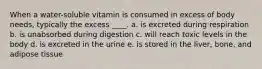 When a water-soluble vitamin is consumed in excess of body needs, typically the excess ____. a. is excreted during respiration b. is unabsorbed during digestion c. will reach toxic levels in the body d. is excreted in the urine e. is stored in the liver, bone, and adipose tissue