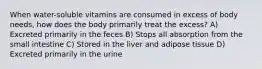 When water-soluble vitamins are consumed in excess of body needs, how does the body primarily treat the excess? A) Excreted primarily in the feces B) Stops all absorption from the small intestine C) Stored in the liver and adipose tissue D) Excreted primarily in the urine