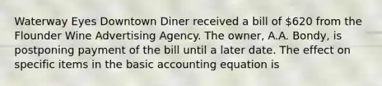 Waterway Eyes Downtown Diner received a bill of 620 from the Flounder Wine Advertising Agency. The owner, A.A. Bondy, is postponing payment of the bill until a later date. The effect on specific items in the basic accounting equation is