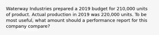 Waterway Industries prepared a 2019 budget for 210,000 units of product. Actual production in 2019 was 220,000 units. To be most useful, what amount should a performance report for this company compare?