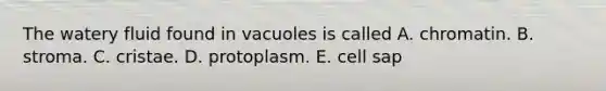 The watery fluid found in vacuoles is called A. chromatin. B. stroma. C. cristae. D. protoplasm. E. cell sap