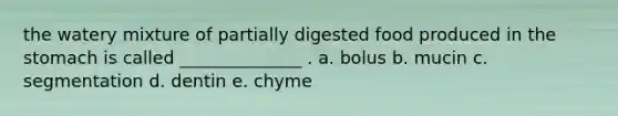 the watery mixture of partially digested food produced in <a href='https://www.questionai.com/knowledge/kLccSGjkt8-the-stomach' class='anchor-knowledge'>the stomach</a> is called ______________ . a. bolus b. mucin c. segmentation d. dentin e. chyme