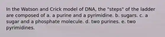 In the Watson and Crick model of DNA, the "steps" of the ladder are composed of a. a purine and a pyrimidine. b. sugars. c. a sugar and a phosphate molecule. d. two purines. e. two pyrimidines.