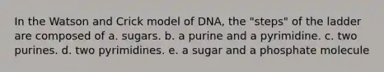 In the Watson and Crick model of DNA, the "steps" of the ladder are composed of a. sugars. b. a purine and a pyrimidine. c. two purines. d. two pyrimidines. e. a sugar and a phosphate molecule