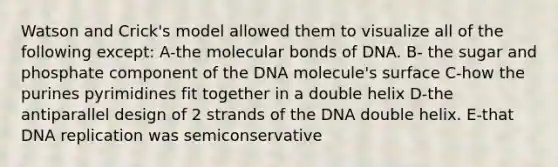 Watson and Crick's model allowed them to visualize all of the following except: A-the molecular bonds of DNA. B- the sugar and phosphate component of the DNA molecule's surface C-how the purines pyrimidines fit together in a double helix D-the antiparallel design of 2 strands of the DNA double helix. E-that <a href='https://www.questionai.com/knowledge/kofV2VQU2J-dna-replication' class='anchor-knowledge'>dna replication</a> was semiconservative